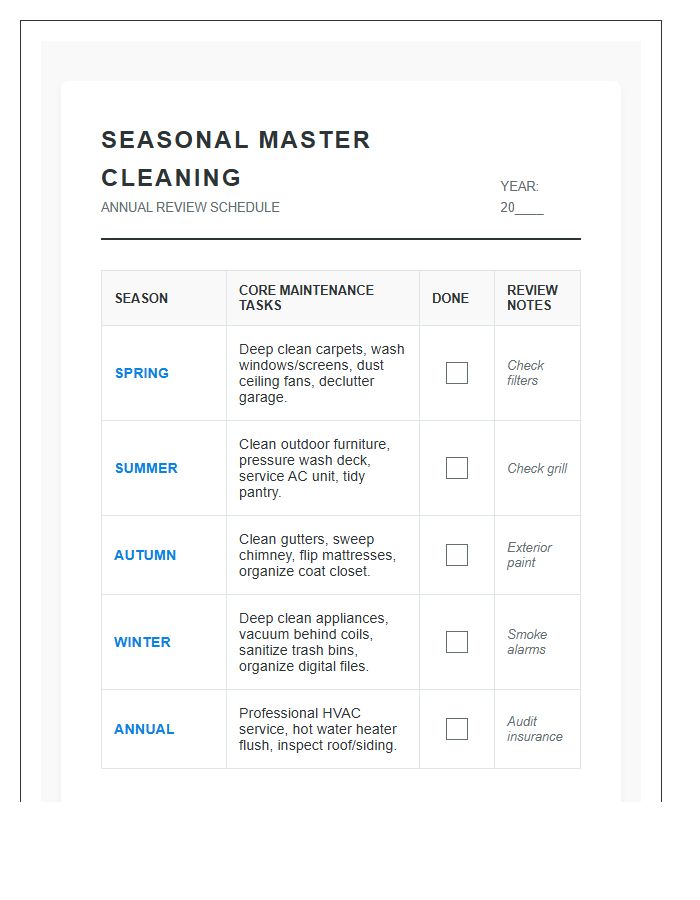 Seasonal Master Cleaning Schedule Printable Review Chart