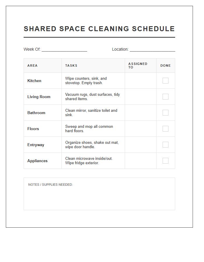 Shared Space Cleaning Schedule Printable Shared Chart