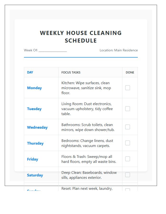 Weekly House Cleaning Schedule Printable Tracking Chart