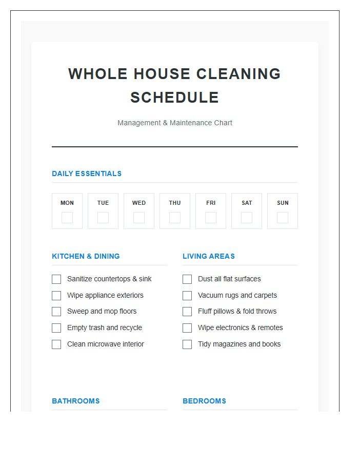 Whole House Cleaning Schedule Printable Management Chart