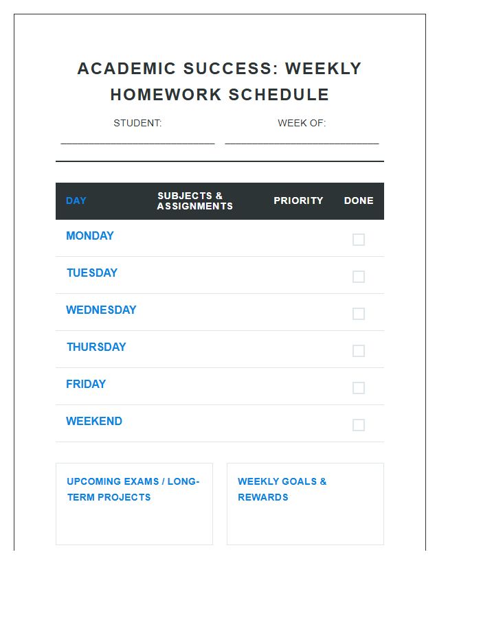 Academic Success Weekly Student Homework Schedule Printable Chart