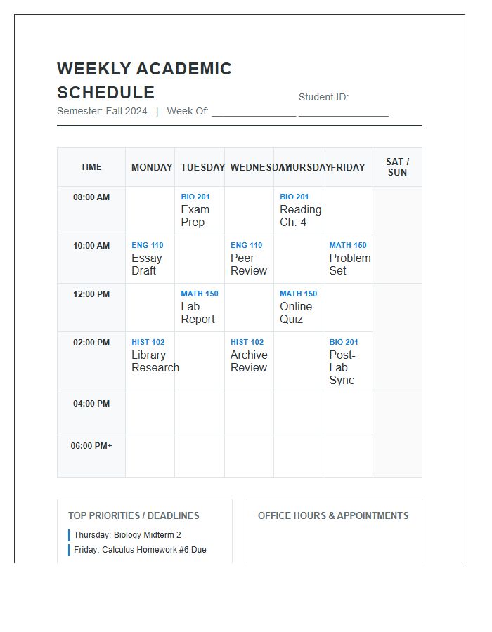 College Level Weekly Student Homework Schedule Printable Chart