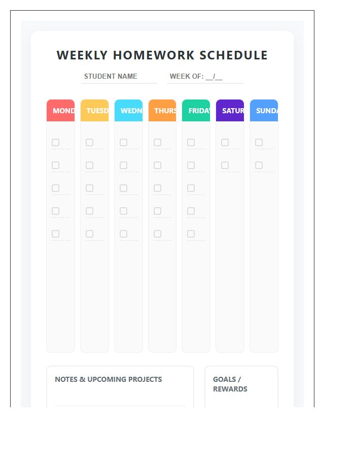 Colorful Theme Weekly Student Homework Schedule Printable Chart