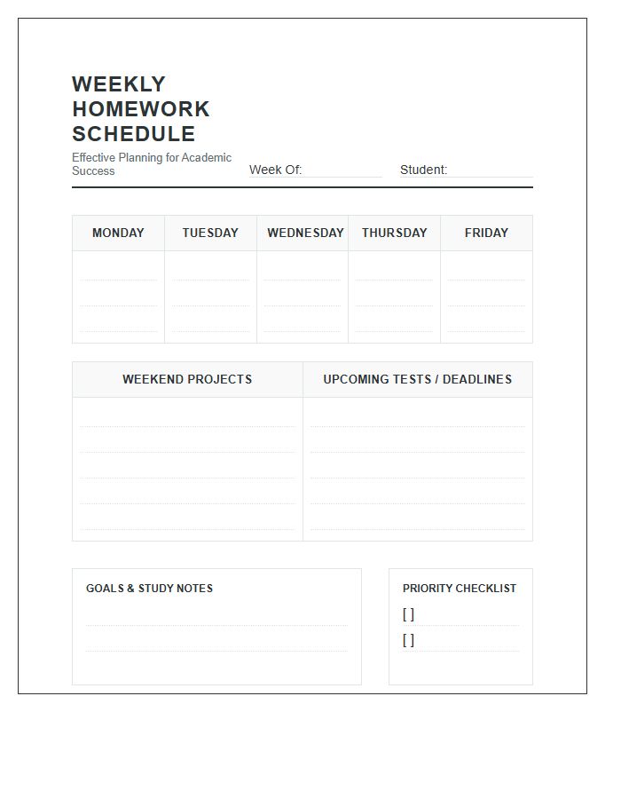 Effective Planning Weekly Student Homework Schedule Printable Chart