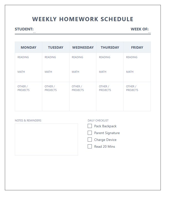 Elementary Level Weekly Student Homework Schedule Printable Chart