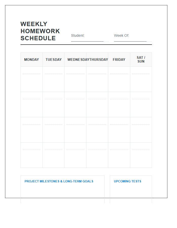 High School Level Weekly Student Homework Schedule Printable Chart