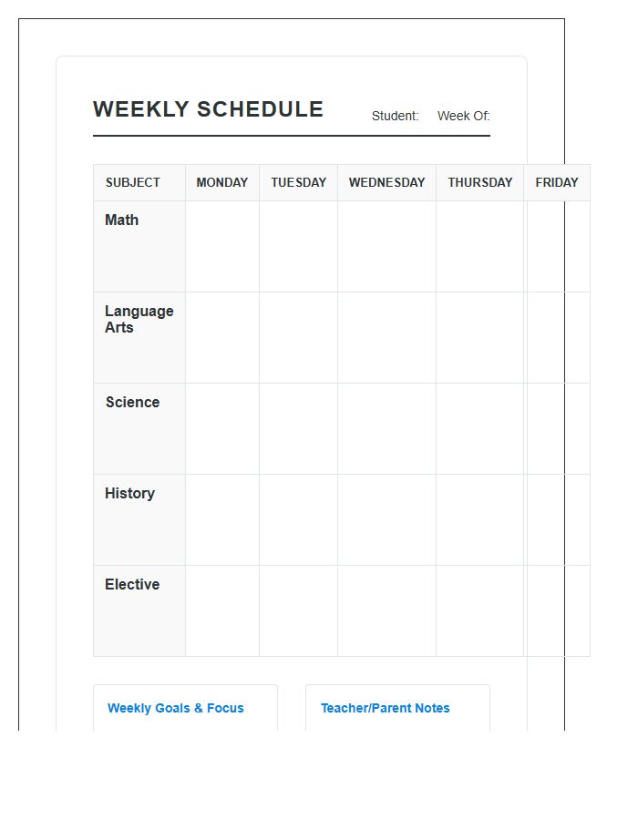 Homeschool Weekly Student Homework Schedule Printable Chart