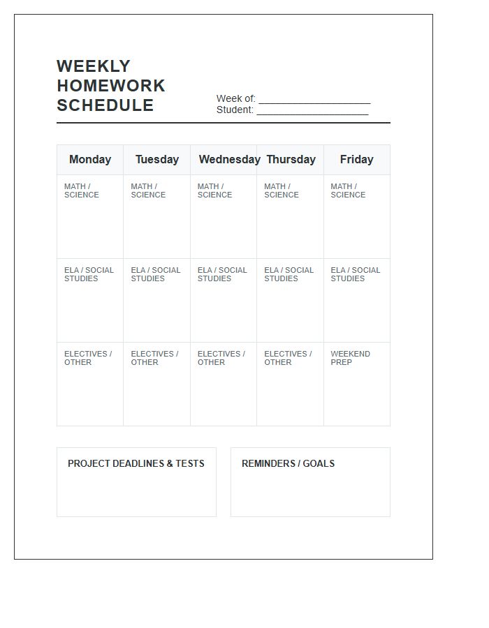 Middle School Weekly Student Homework Schedule Printable Chart
