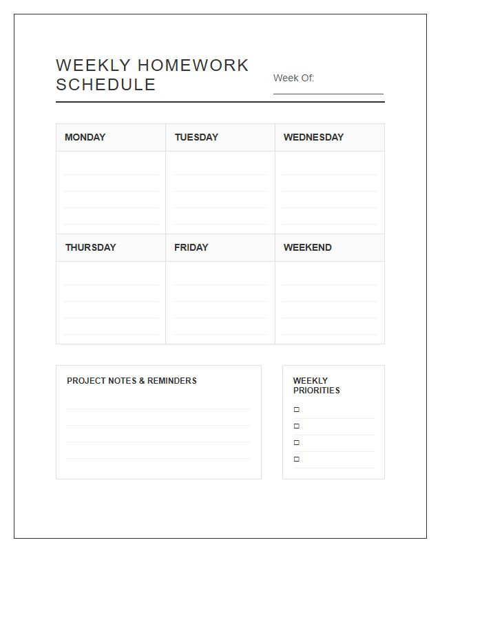 Minimalist Design Weekly Student Homework Schedule Printable Chart