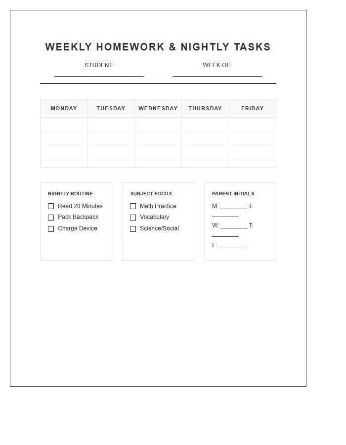 Nightly Task Weekly Student Homework Schedule Printable Chart