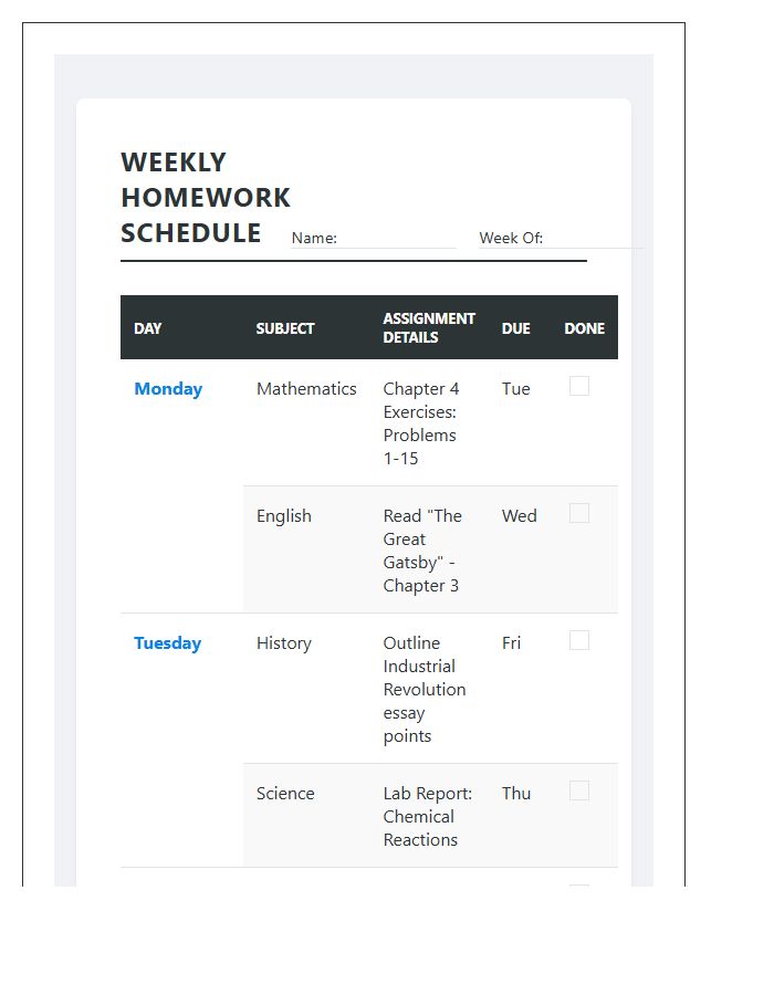 Organized Student Assignment Weekly Homework Schedule Printable Chart