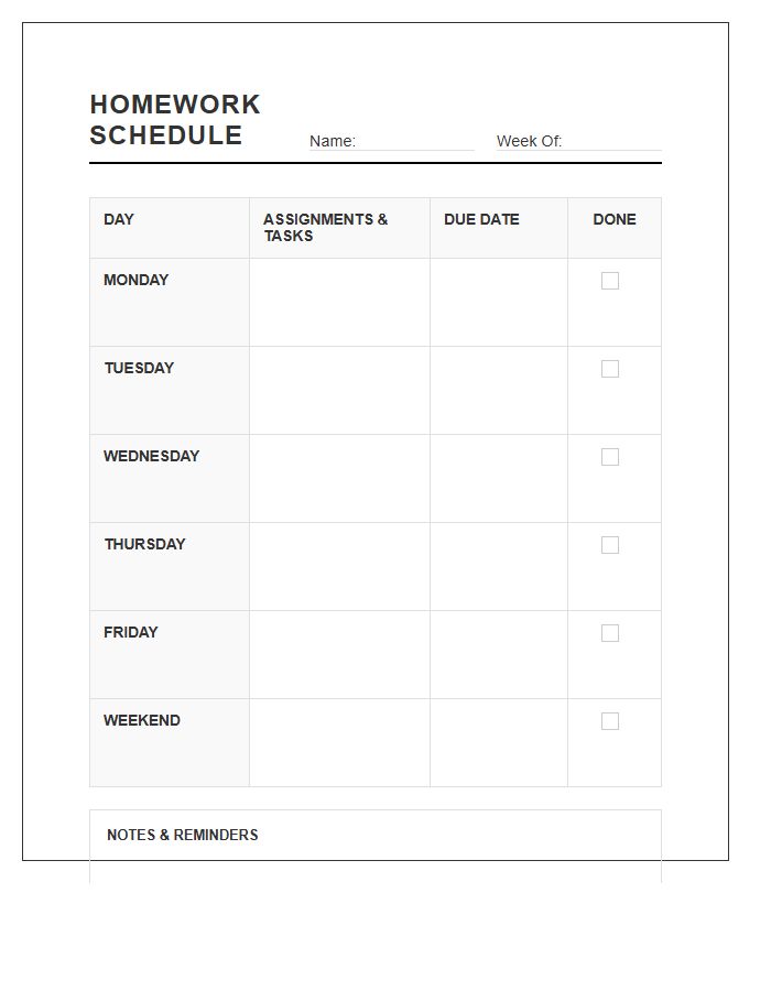 Simple Layout Weekly Student Homework Schedule Printable Chart