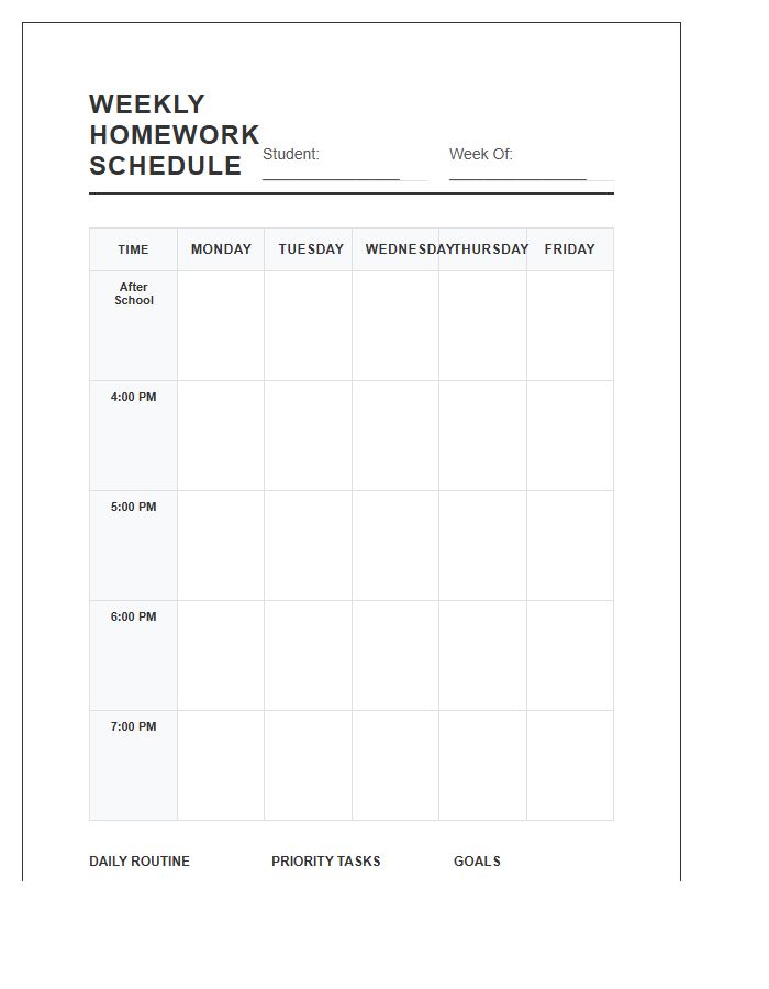 Structured Routine Weekly Student Homework Schedule Printable Chart