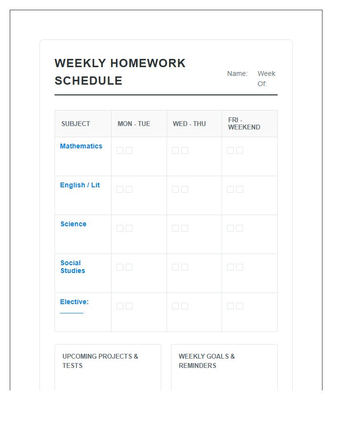 Subject Focused Weekly Student Homework Schedule Printable Chart