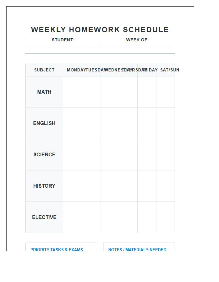 Universal Student Weekly Homework Schedule Printable Chart