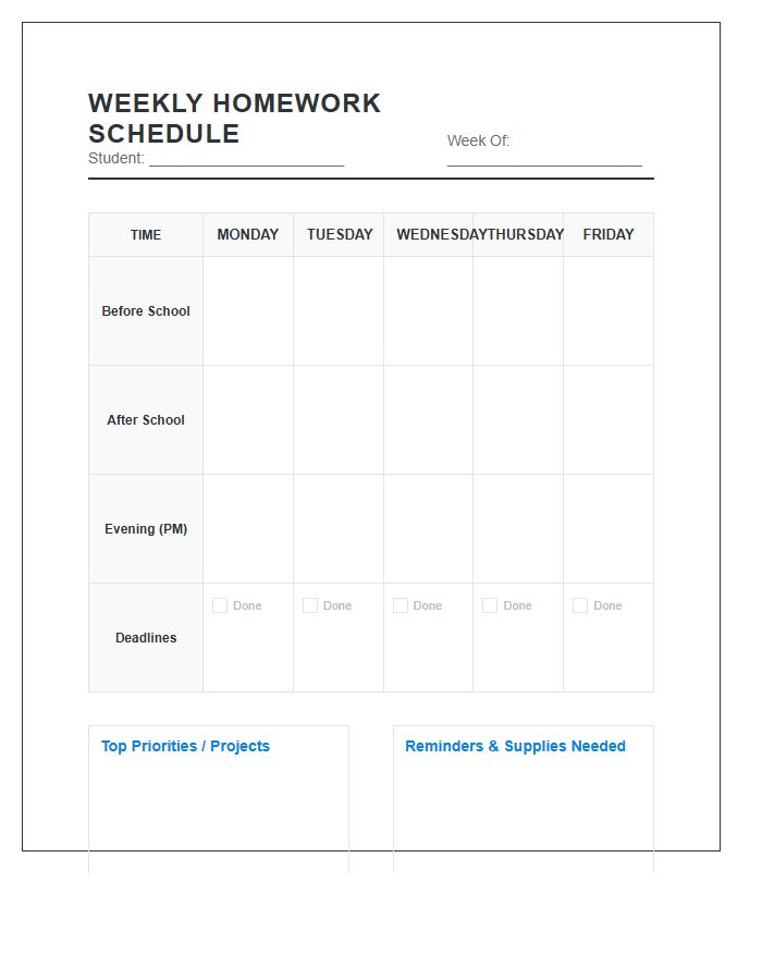 Visual Aid Weekly Student Homework Schedule Printable Chart