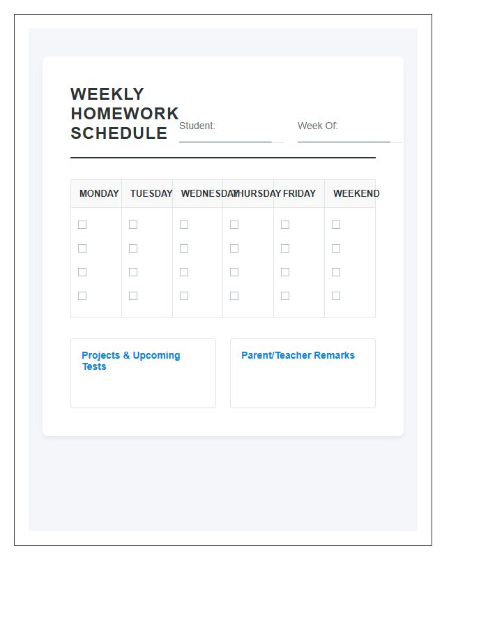 Weekly Student Homework Schedule Printable Chart Template
