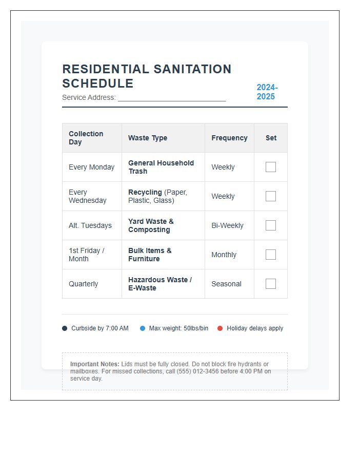 Complete Residential Sanitation Schedule Printable Chart