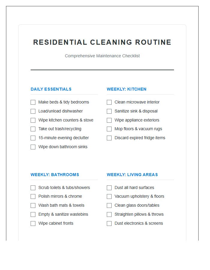 Comprehensive Residential Cleaning Routine Printable Chart