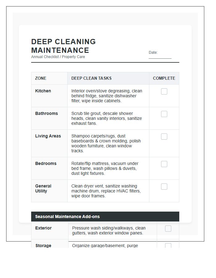 Deep Cleaning Maintenance Plan Printable Chart