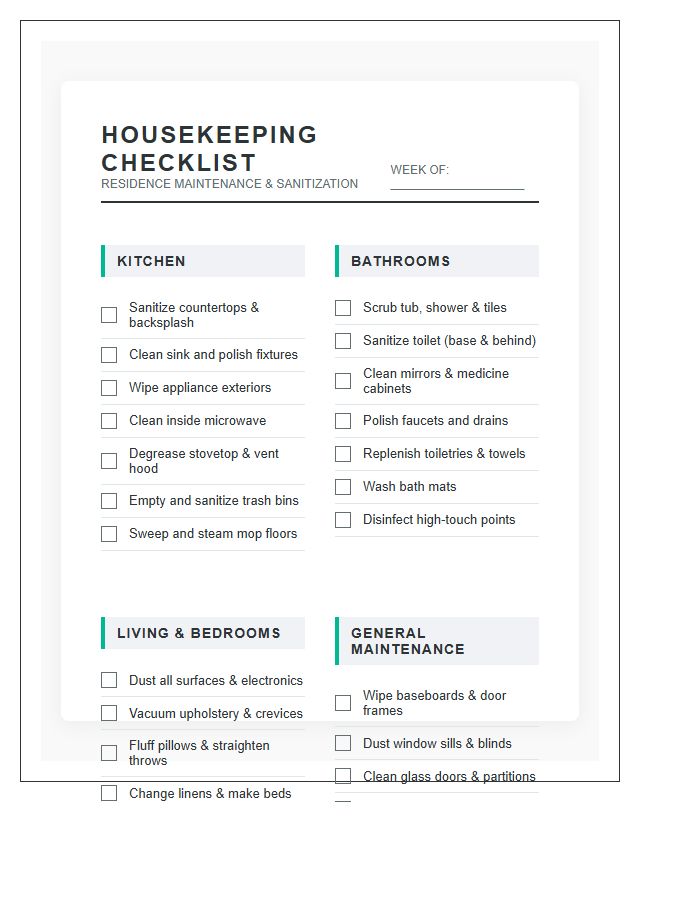 Detailed Housekeeping Task Checklist Printable Chart