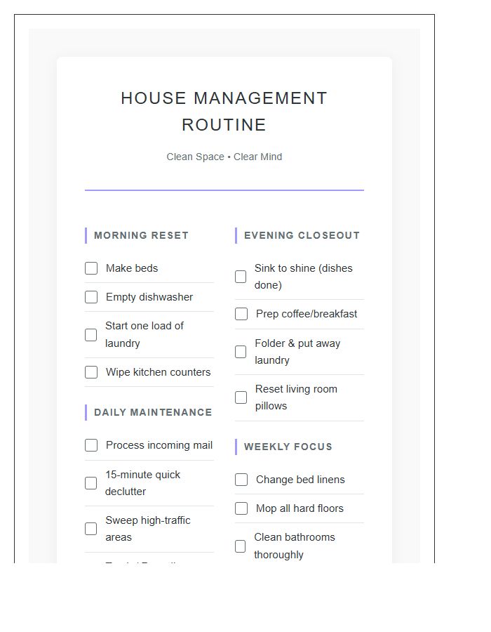 Effective House Management Routine Printable Chart