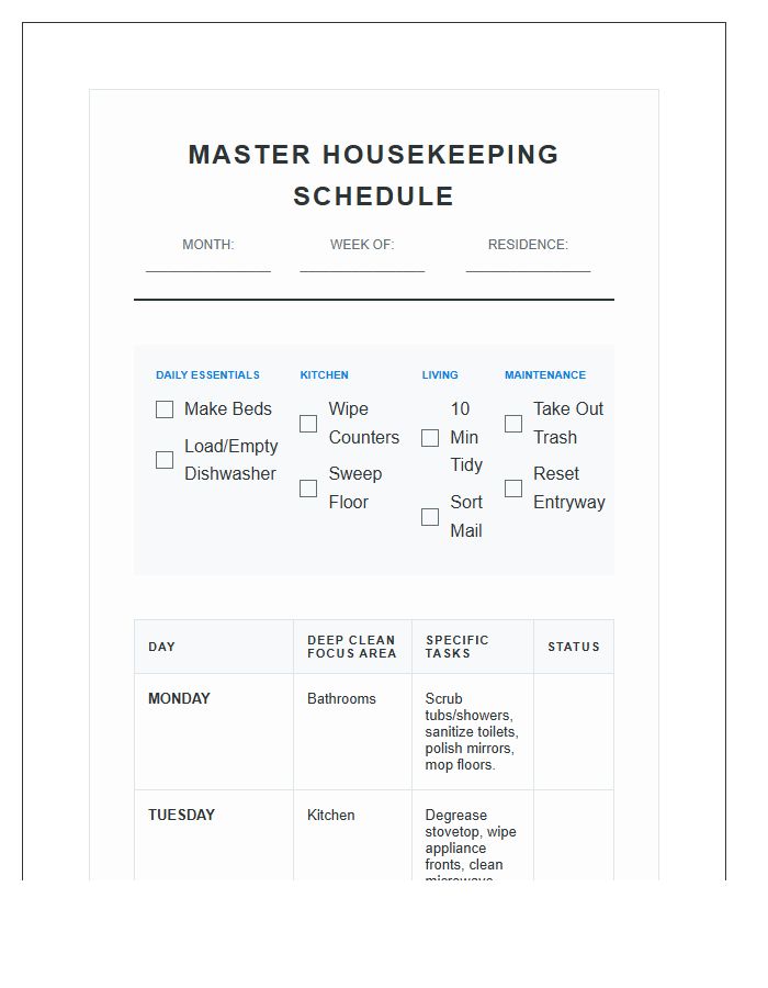 Master Housekeeping Schedule Printable Chart