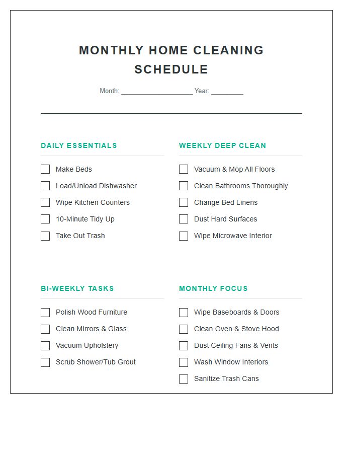 Monthly Home Cleaning Schedule Printable Chart