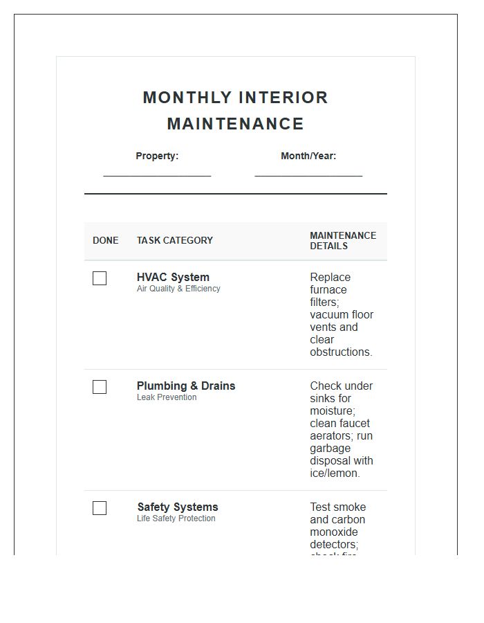 Monthly Interior Property Maintenance Printable Chart