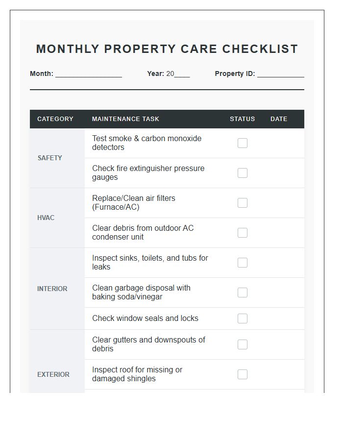 Monthly Property Care Checklist Printable Chart