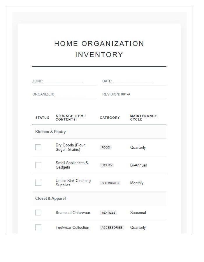 Professional Home Organization System Printable Chart