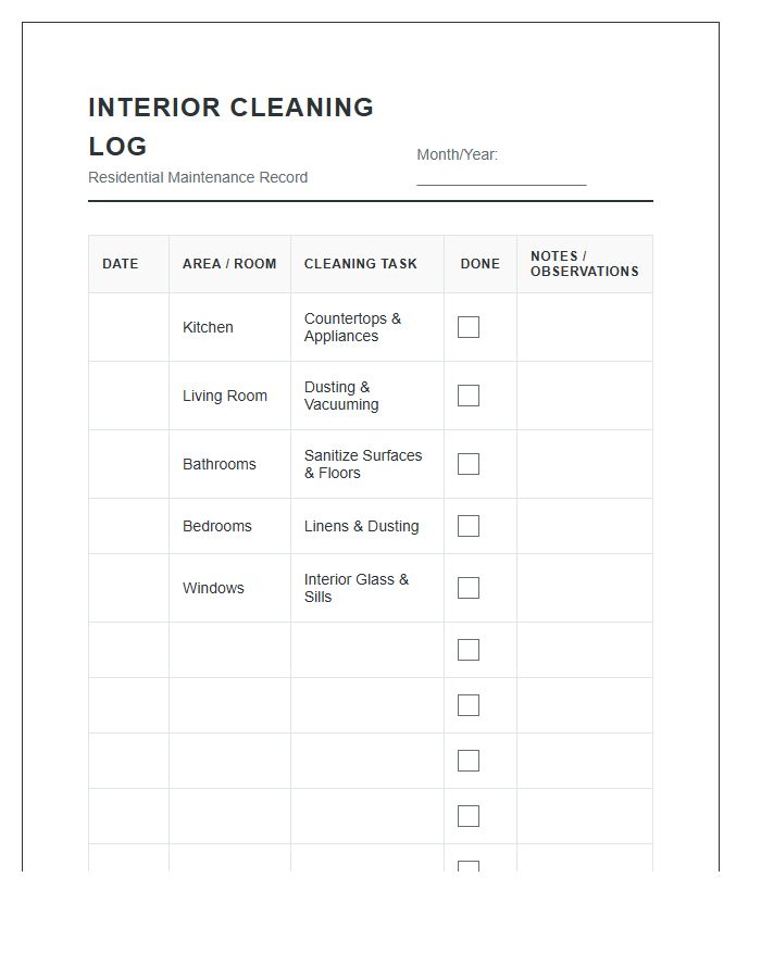 Regular Interior Cleaning Log Printable Chart