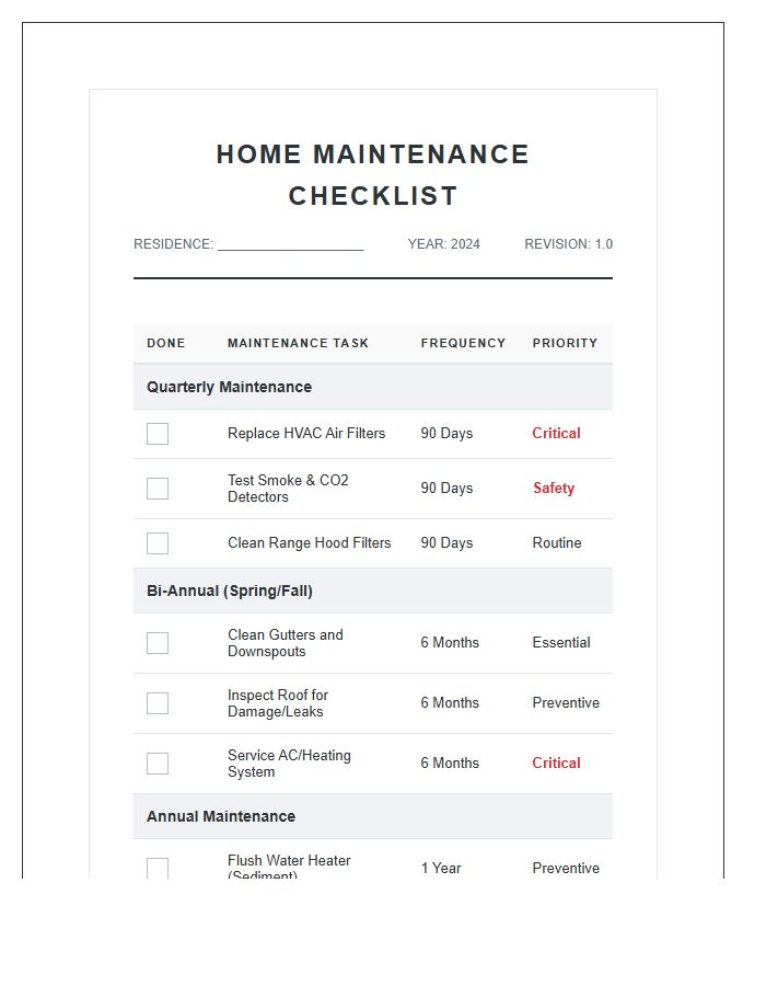 Standardized Home Maintenance Guide Printable Chart