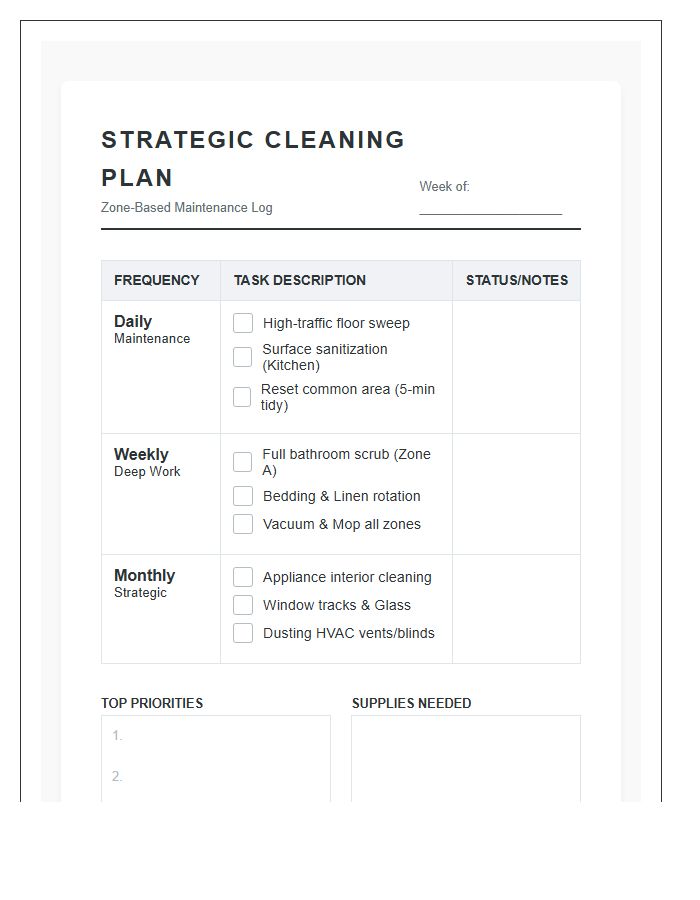 Strategic Domestic Cleaning Plan Printable Chart