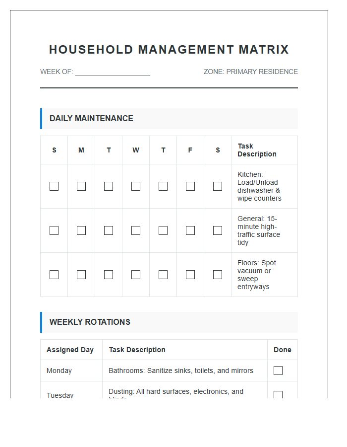Systematic Household Chore List Printable Chart