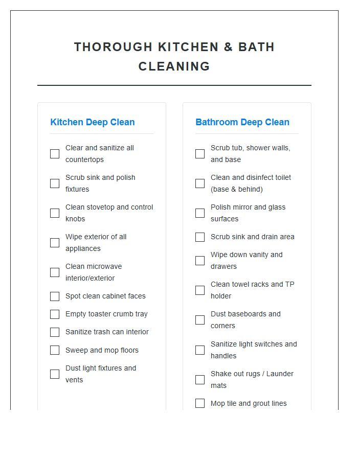 Thorough Kitchen And Bath Cleaning Printable Chart