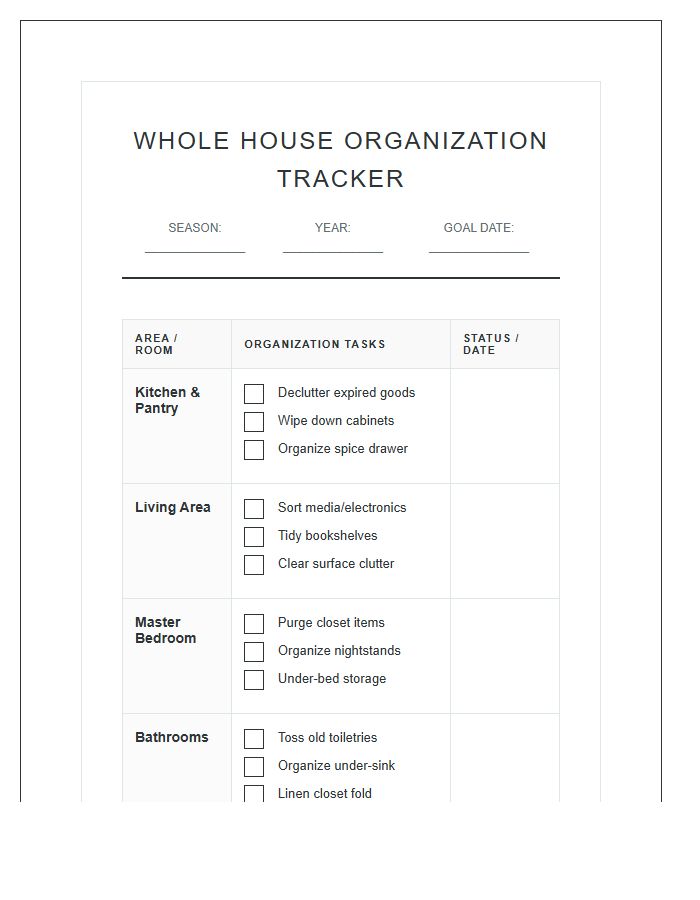 Whole House Organization Tracker Printable Chart