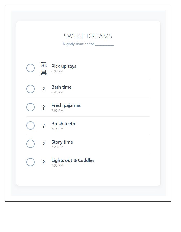 Nighttime Routine Chart For Toddlers Printable