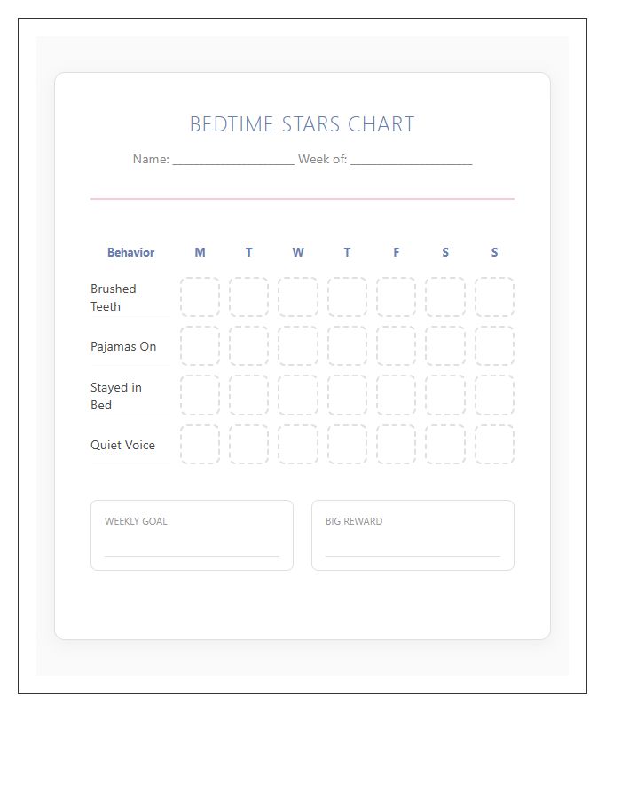 Toddler Bedtime Behavior Rewards Printable Chart