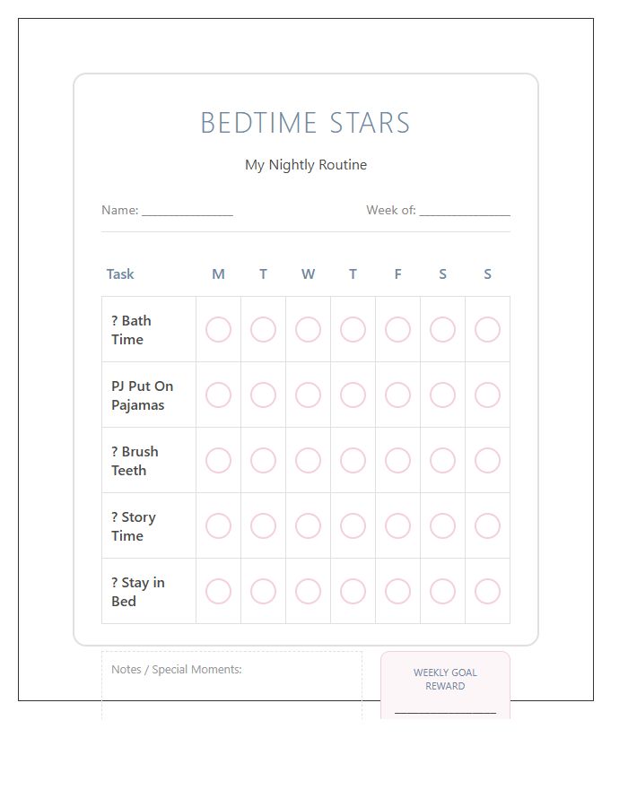 Toddler Bedtime Habit Tracker Printable Chart