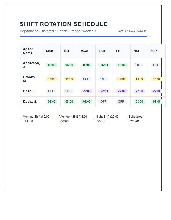 Call Center Shift Rotation Schedule Printable Chart