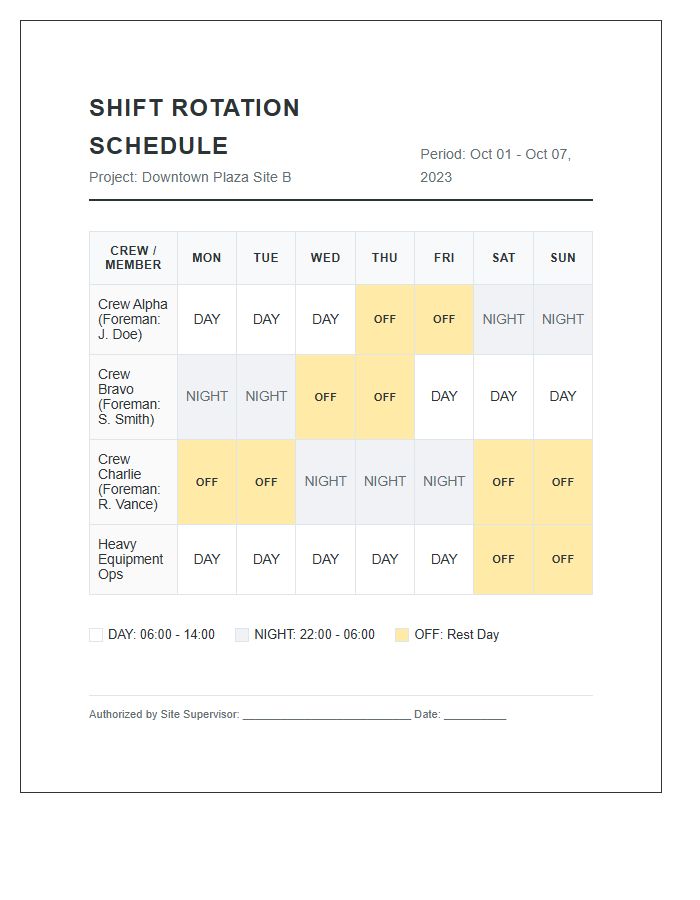 Construction Crew Shift Rotation Schedule Printable Chart