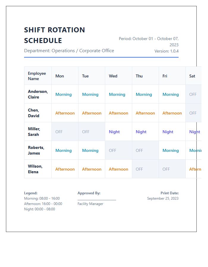 Corporate Office Shift Rotation Schedule Printable Chart