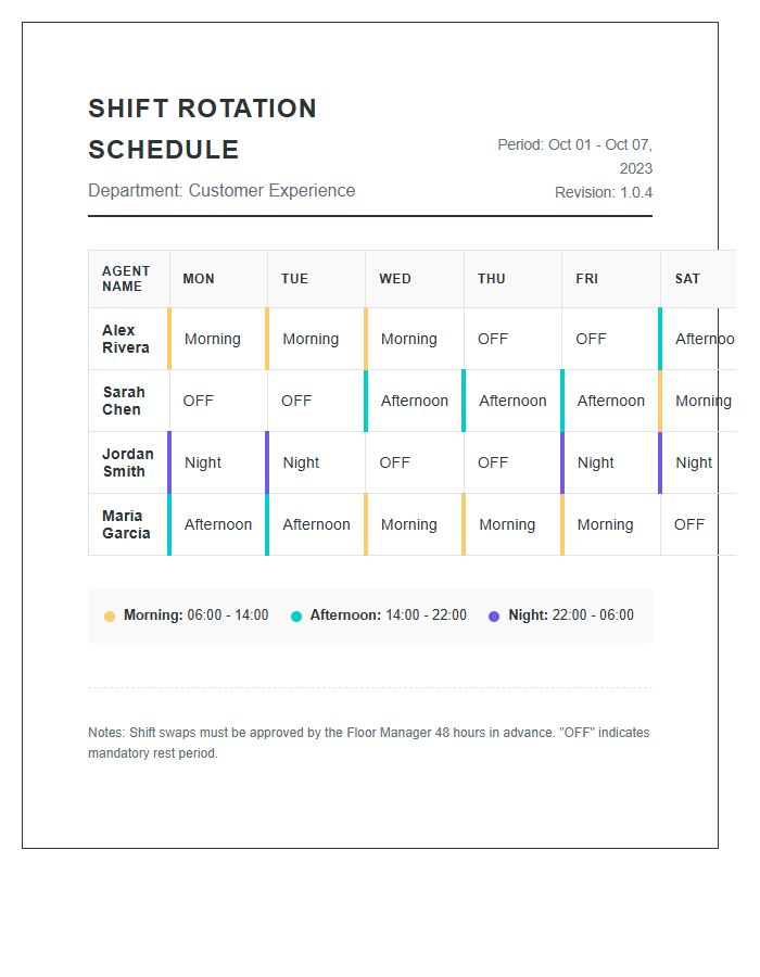 Customer Service Shift Rotation Schedule Printable Chart