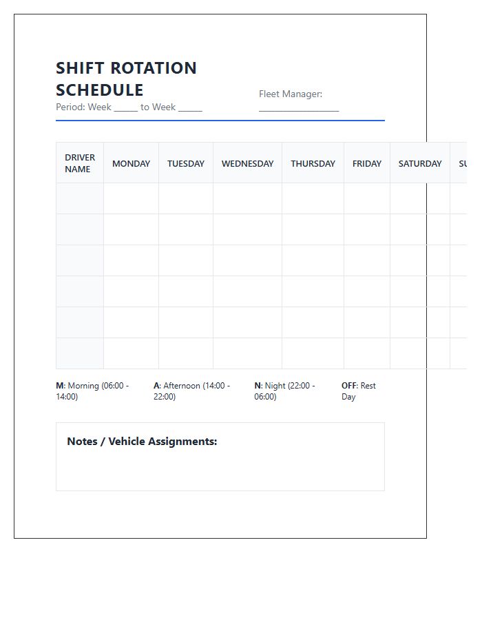Delivery Driver Shift Rotation Schedule Printable Chart