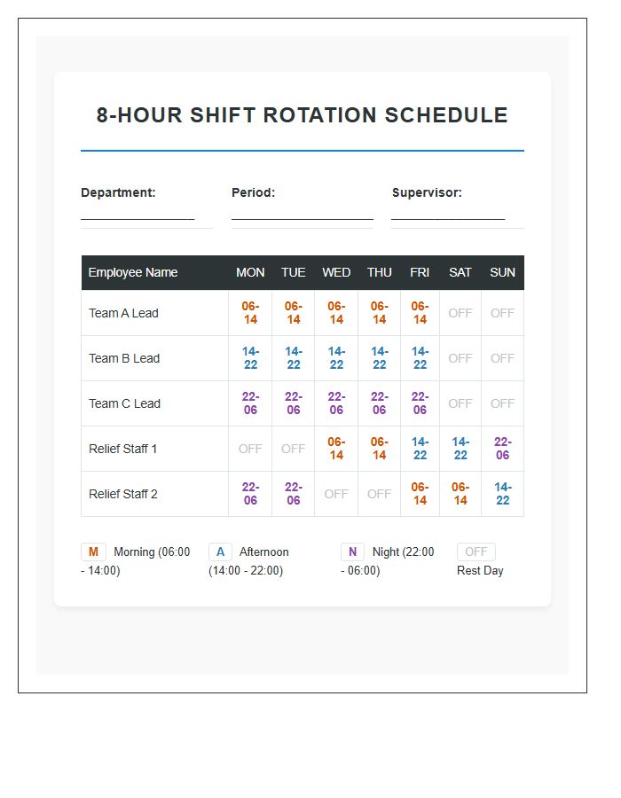 Eight Hour Shift Rotation Schedule Printable Chart