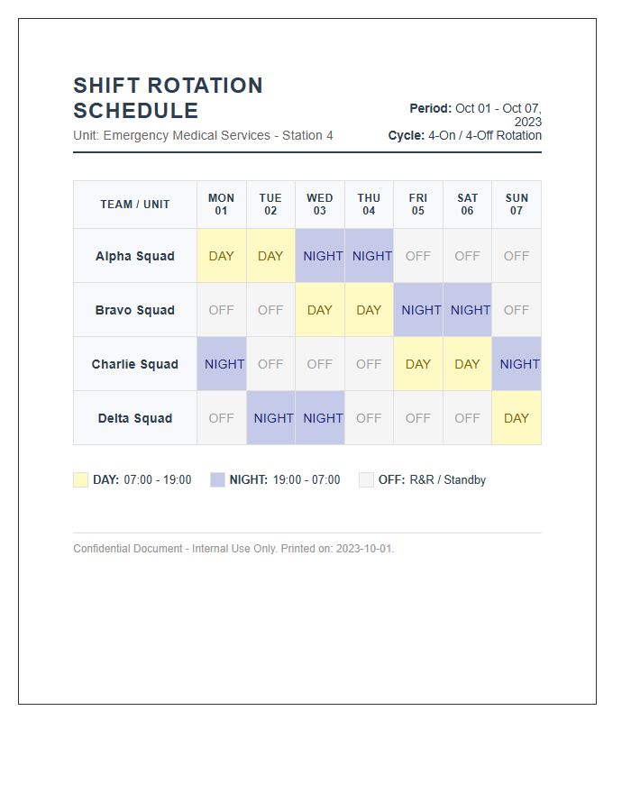 Emergency Service Shift Rotation Schedule Printable Chart