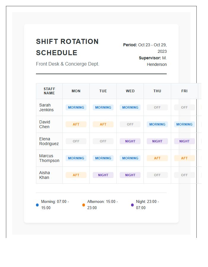 Hotel Staff Shift Rotation Schedule Printable Chart