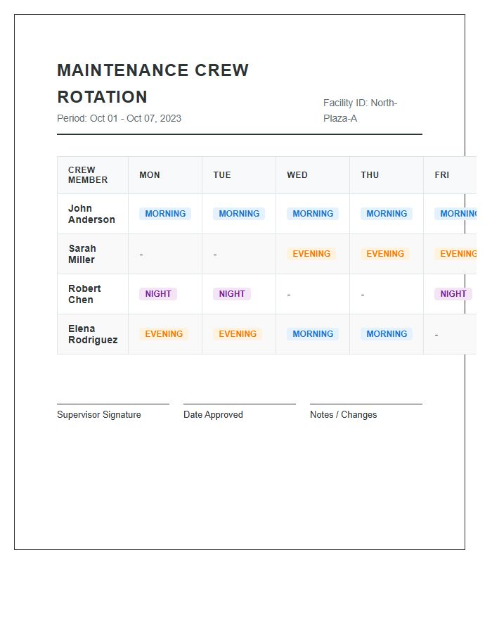 Maintenance Crew Shift Rotation Schedule Printable Chart
