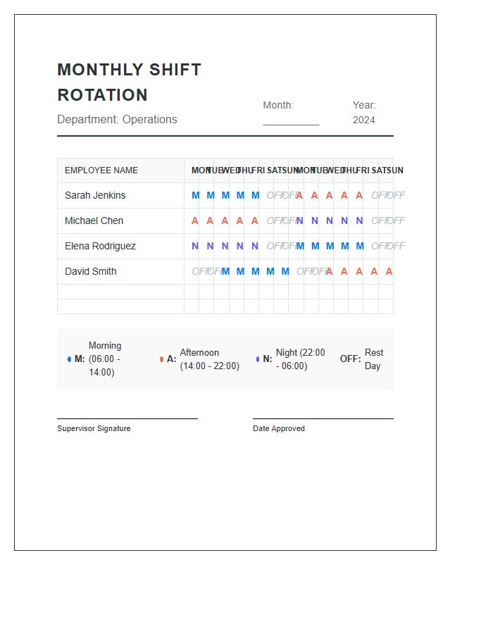 Monthly Employee Shift Rotation Schedule Printable Chart
